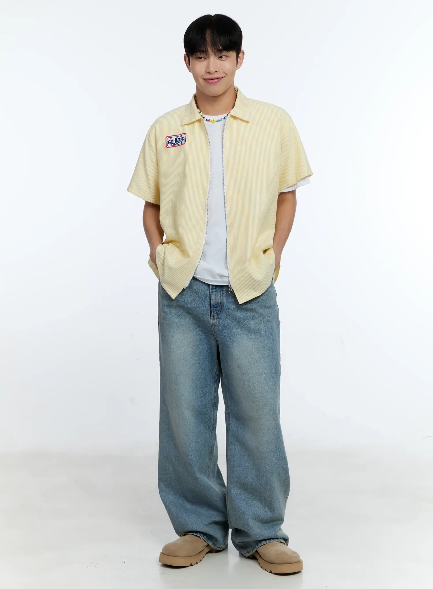 Men's Pinstripe Short Sleeve Zip Shirt IG519