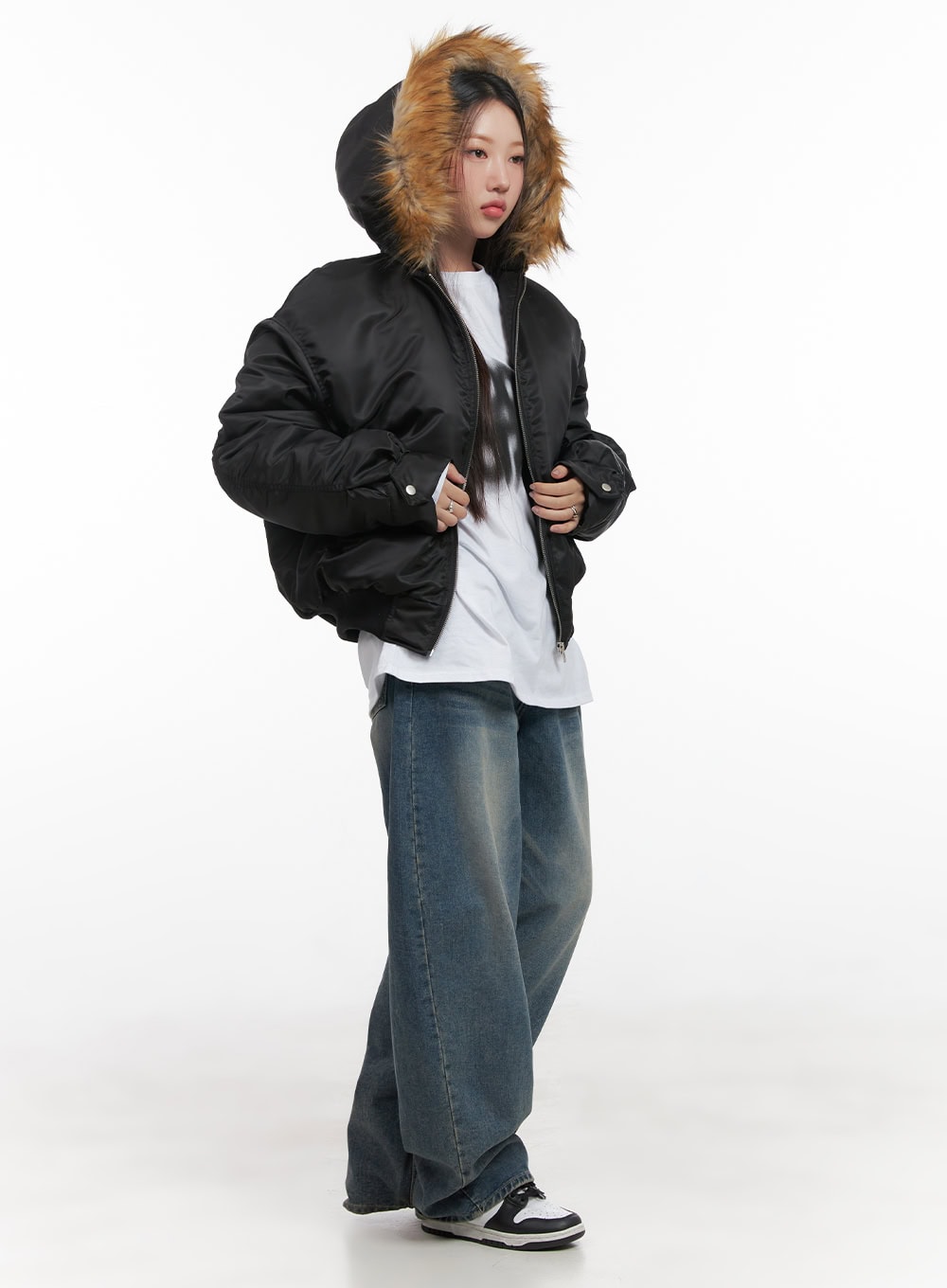 Fur Detail Hooded Bomber Jacket CD411