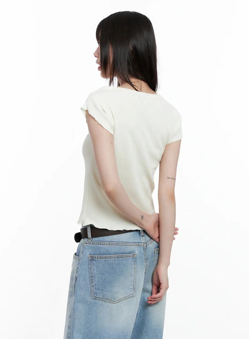 Lace Trimmed Button Short Sleeve IL531