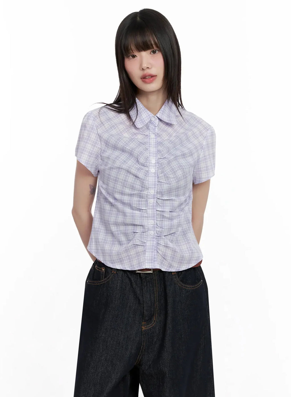 Shirred Plaid Button-up Blouse IL531