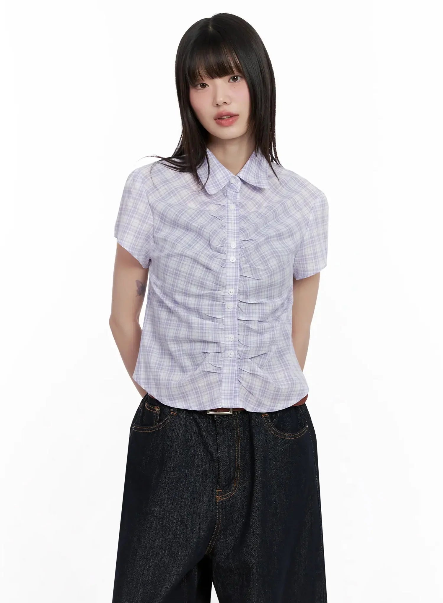 Shirred Plaid Button-up Blouse IL531
