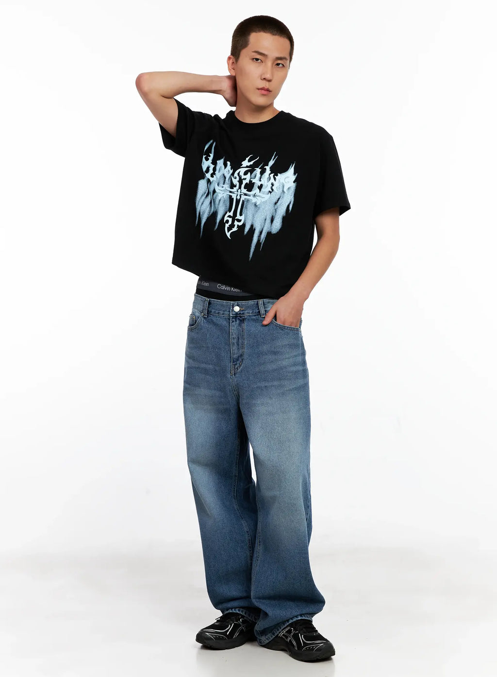 Men's Wide-Leg Washed Denim Jeans IG511