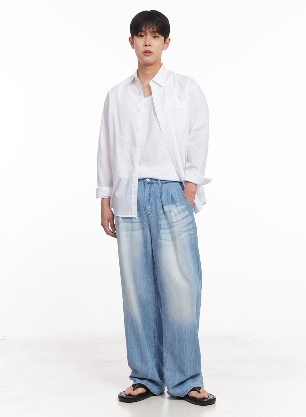 Men's Pintuck Linen Comfort Jeans (Light blue) IY522