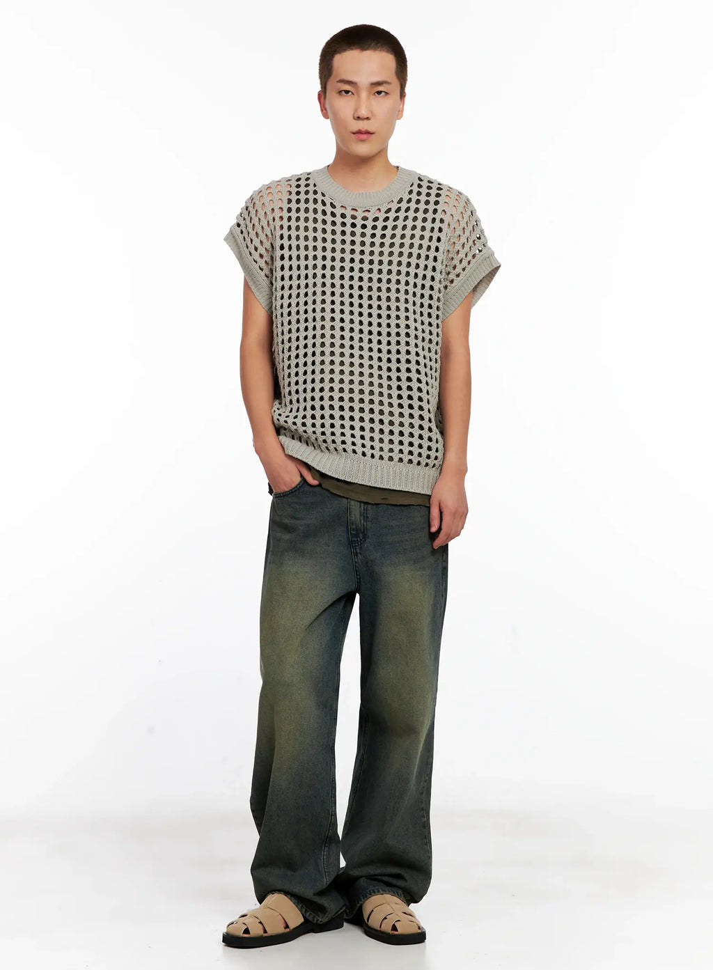 Men's Wide-Leg Washed Denim Jeans IG508