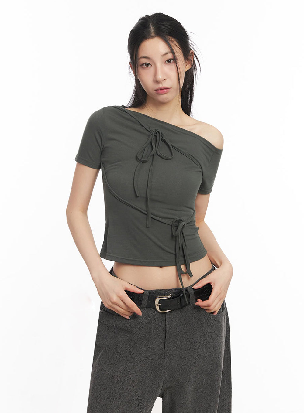 Ribbon Tie One-Shoulder Crop Top IY529