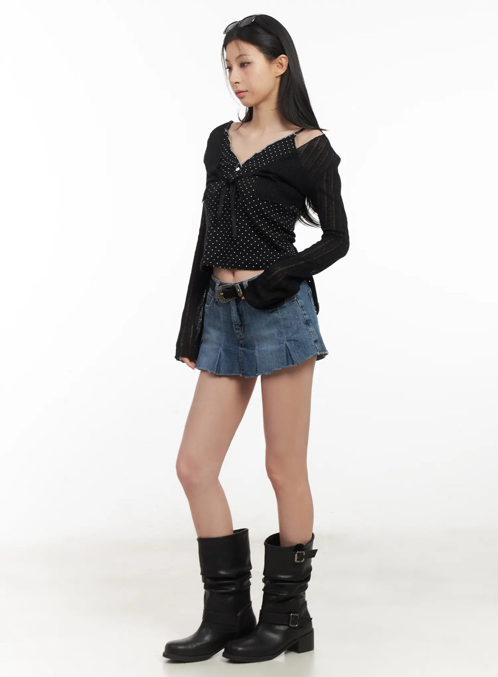 Pleated Distressed Denim Mini Skort CL501