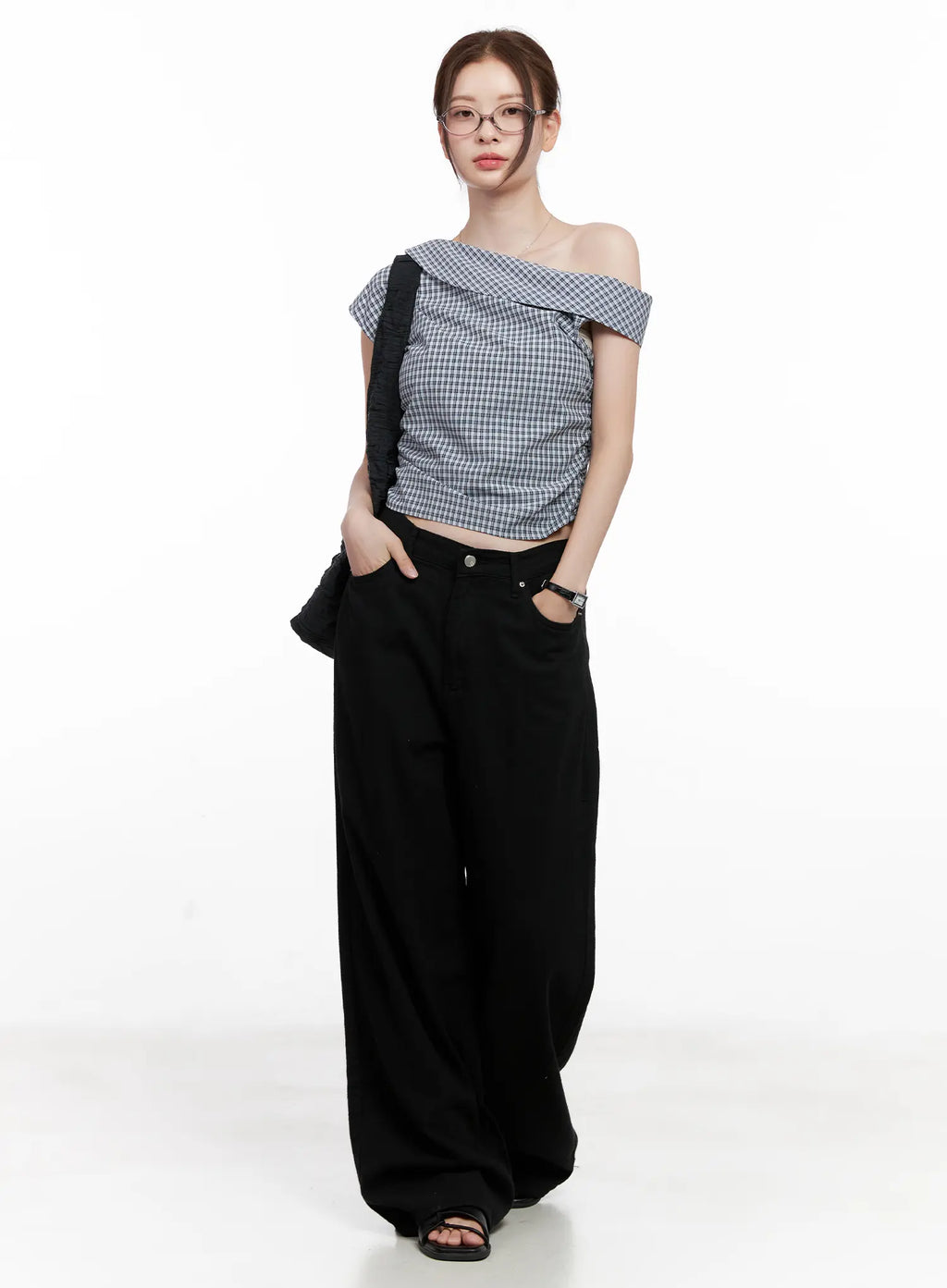 Gingham Off-Shoulder Crop Top CL524