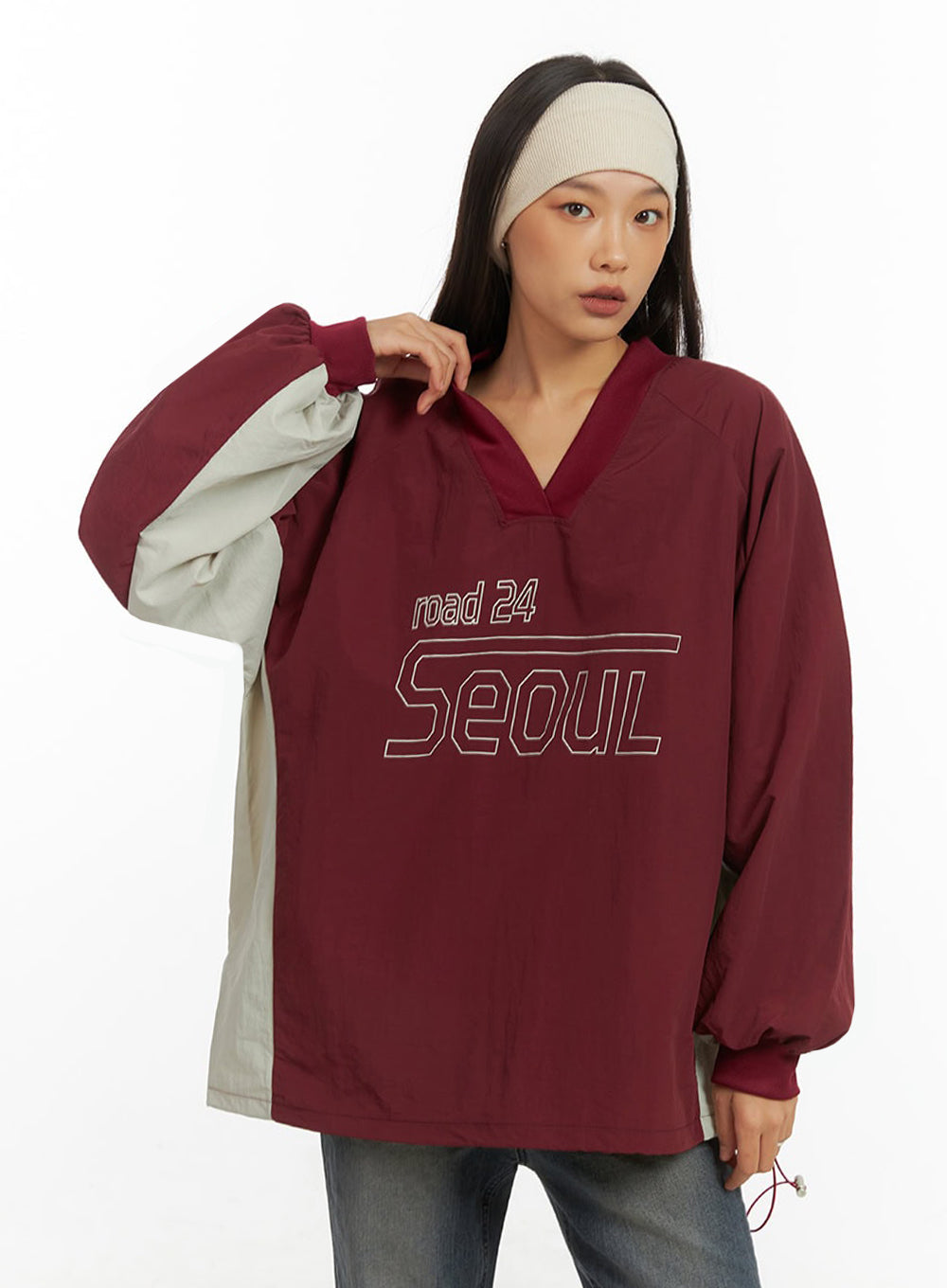 Long Sleeve Loose Fit Nylon V-Neck Sweatshirt IO409