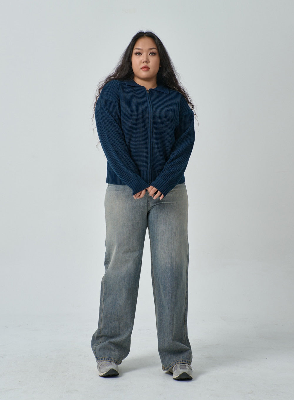 Plus Waffle Pattern Collared Two Way Zip-Up Knit