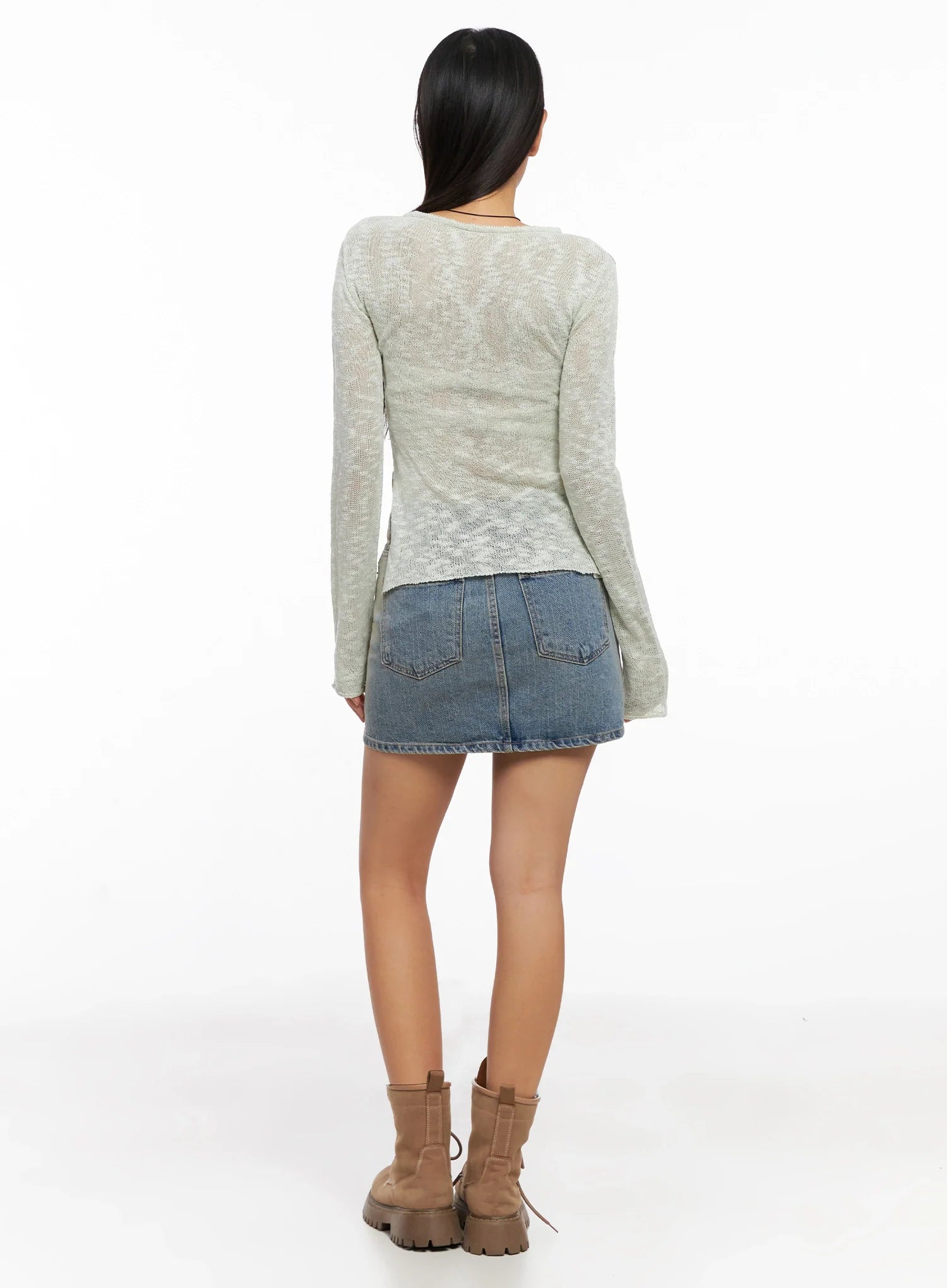 Sheer Buttoned Neck Long Sleeve Top IG527