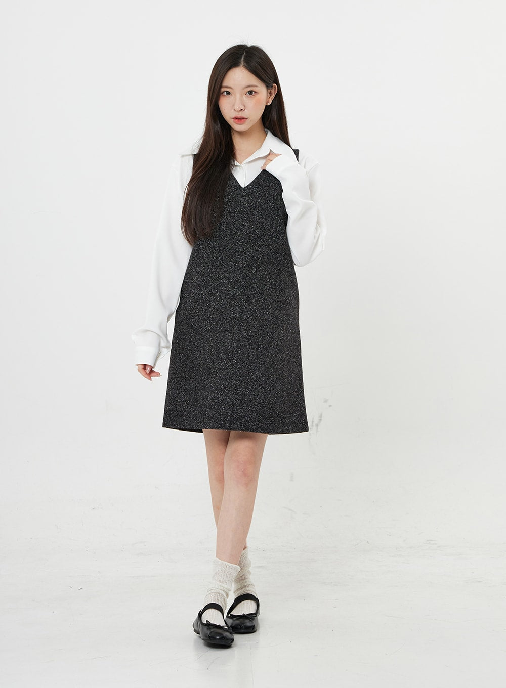 Mixed Color V-Neck Wool Dress BO21