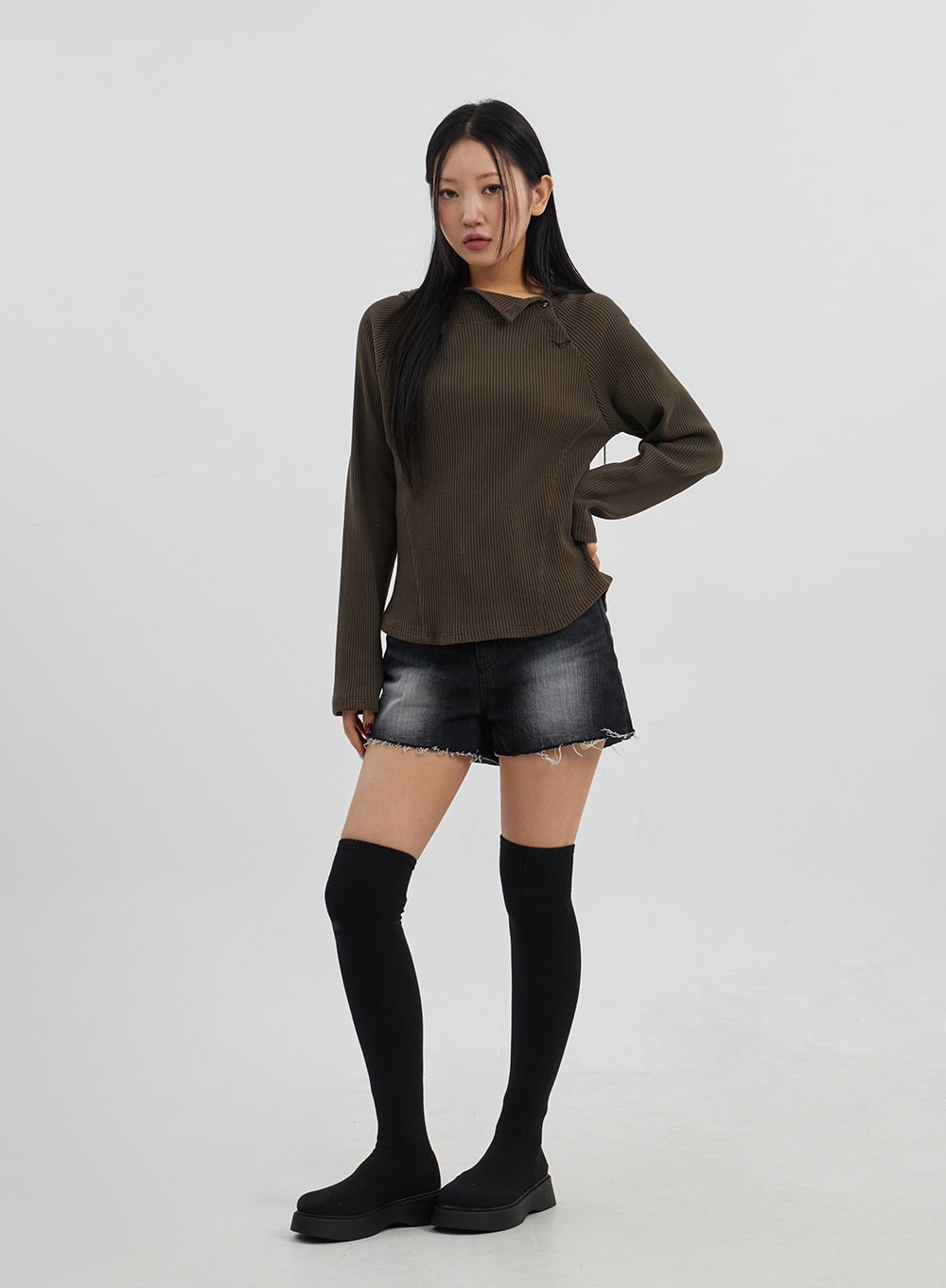 Side Button Detail Knit Hoodie CJ318