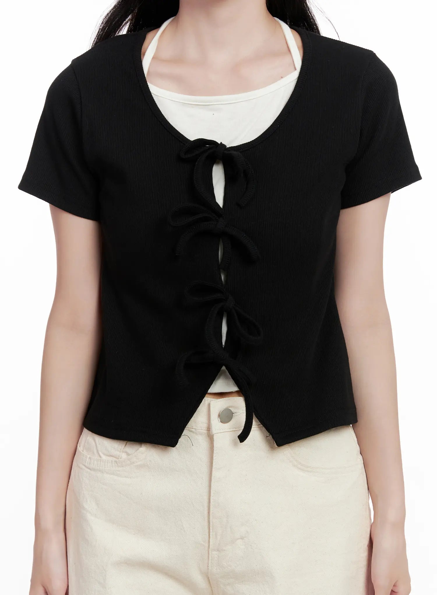 Ribbon-Tie Short-Sleeve Tee CL516