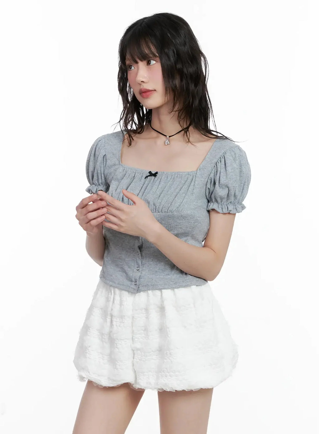 Ribbon-Detail Puff-Sleeve Top IL528