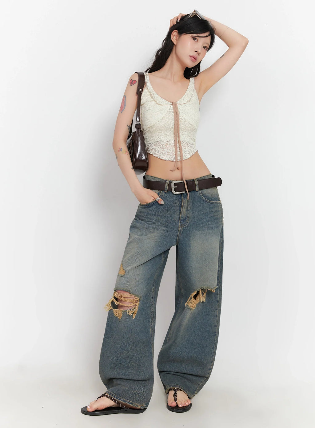 Jeemin Vintage Distressed Wide-Leg Denim Jeans  IC503