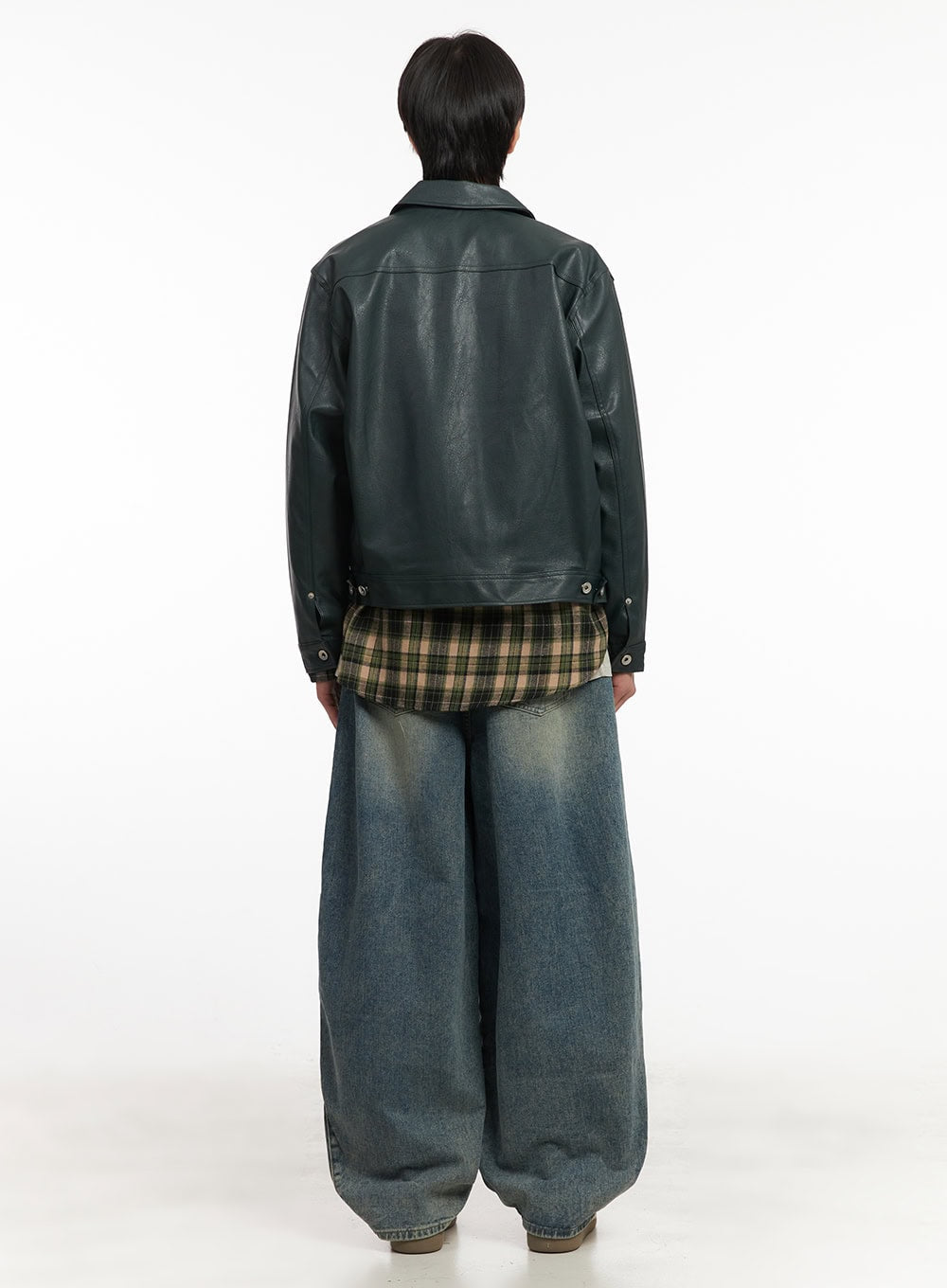 Men's Faux-Leather Collared Trucker Jacket IA511