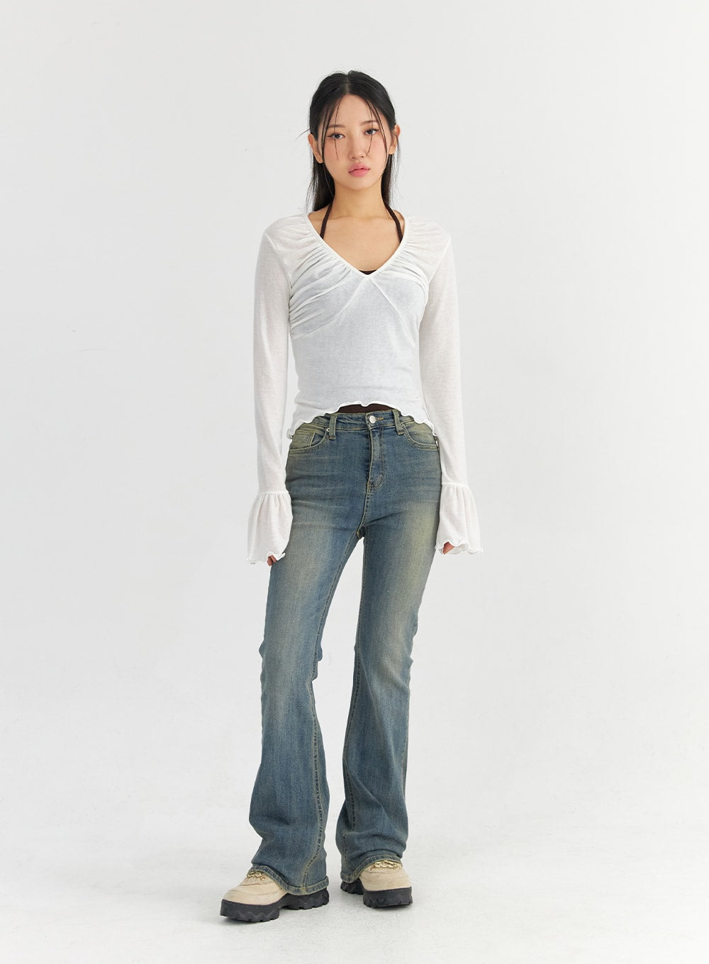 Mesh V-Neck Shirred Crop Top CO327