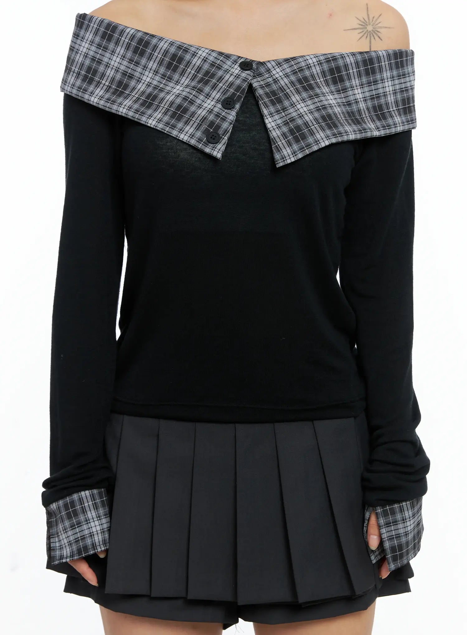 Plaid Off-Shoulder Long-Sleeve Top CS504