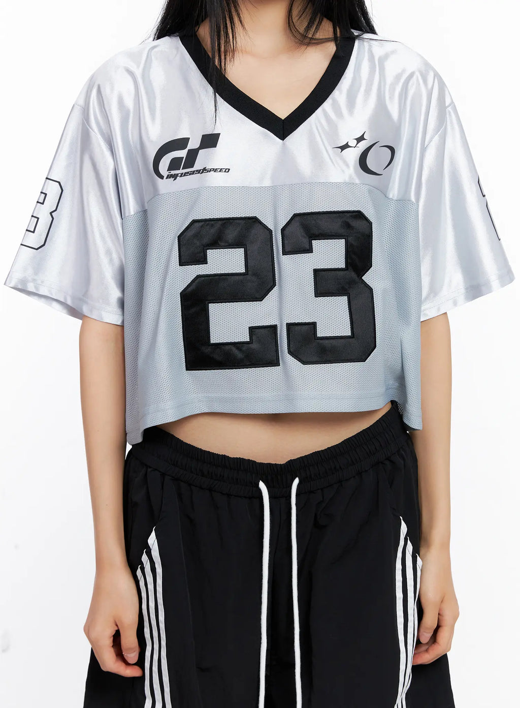 Glossy V-Neck Cropped Jersey CL529