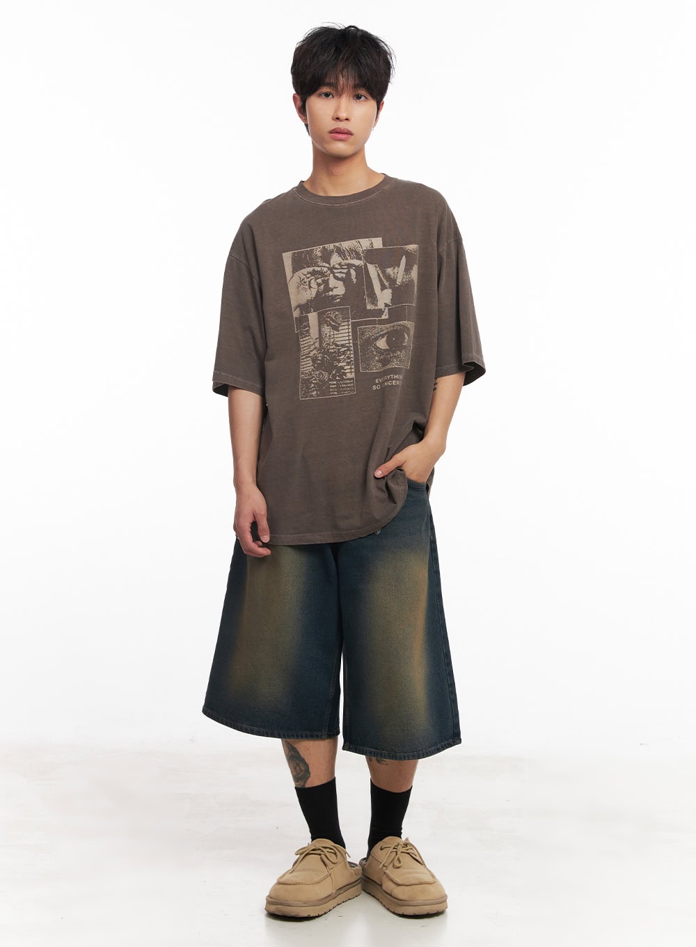 Men's Washed Relaxed-Fit Jorts (Dark blue) IY508