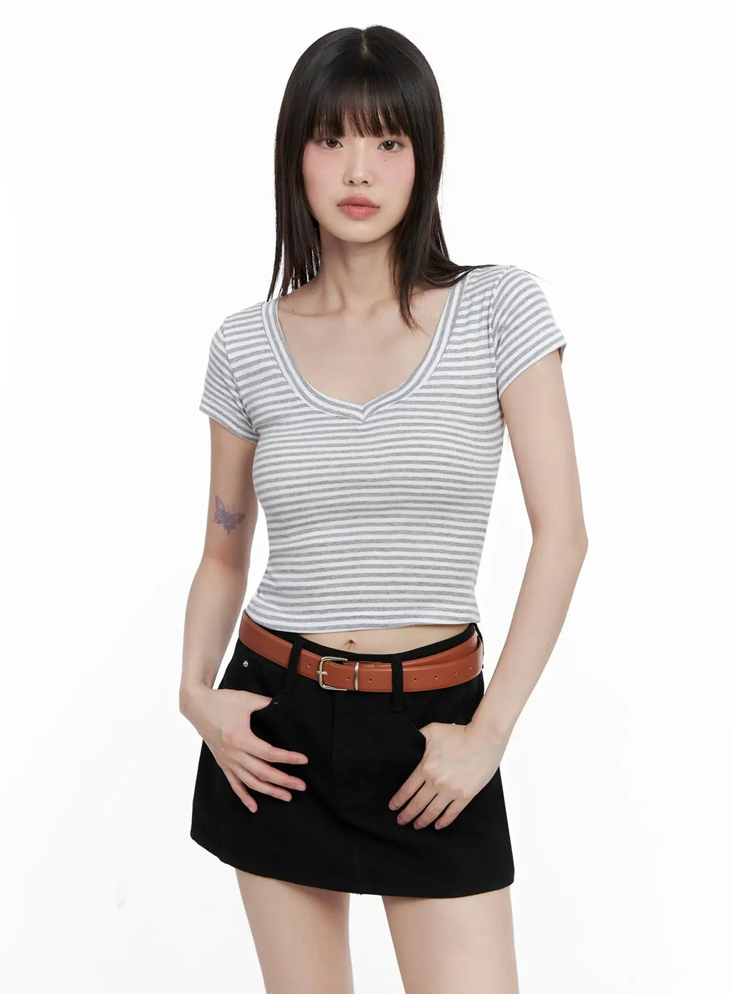 Striped V-Neck Short Sleeve Tee IL531