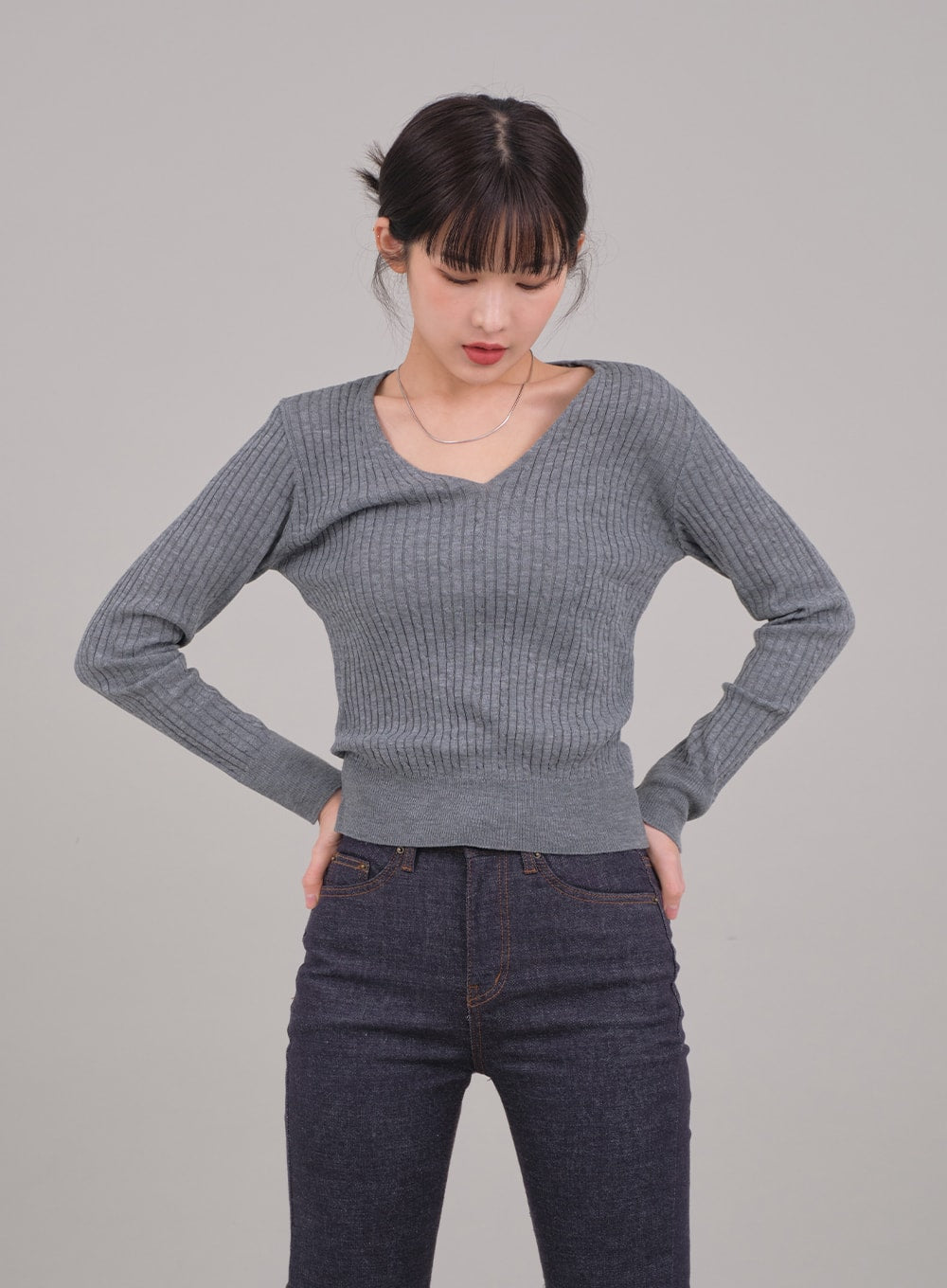 V Neck Cable Knit Top C2701