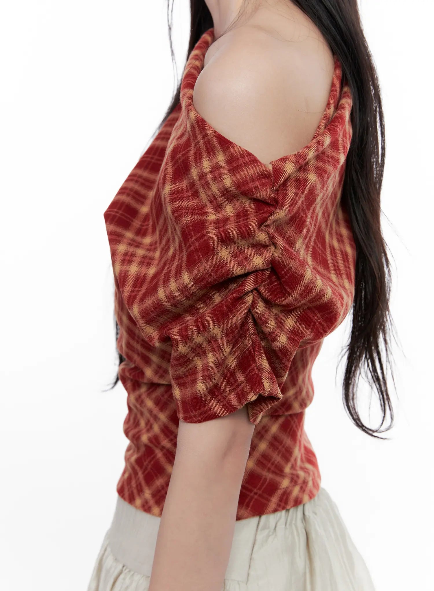 Plaid Asymmetric Ruched Off-Shoulder Top CL516