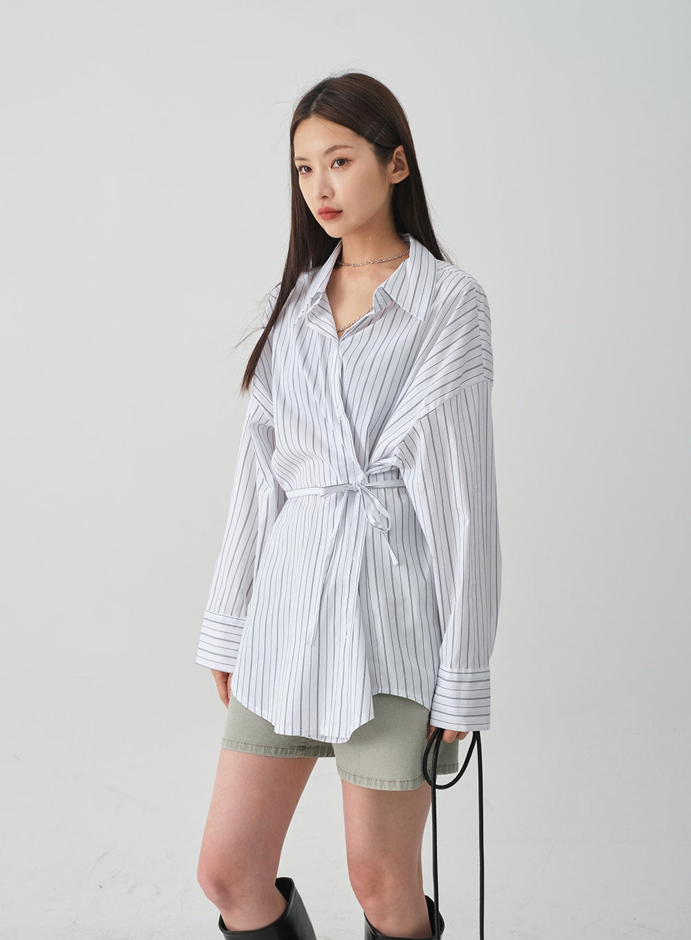 Oversized Striped Shirt with Waist Band Set CY27