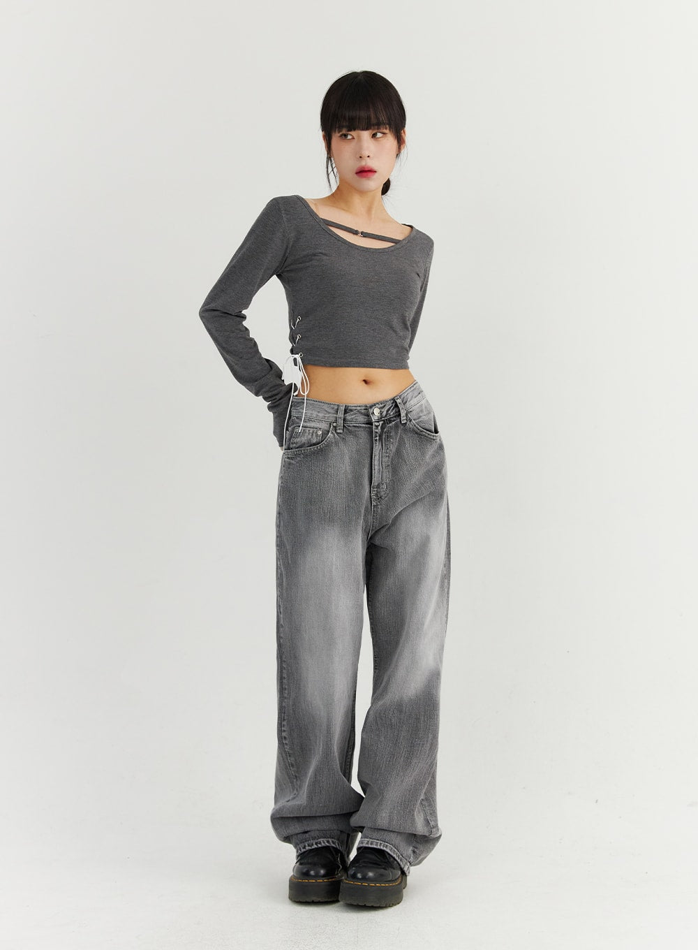 Grey Washed Wide Leg Jeans CO323