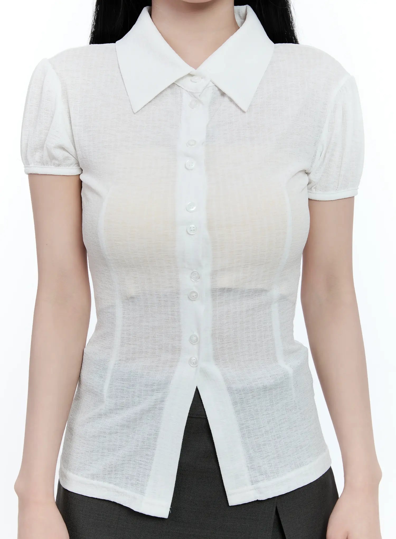Collared Puff-Sleeve Button-Down Blouse CL530