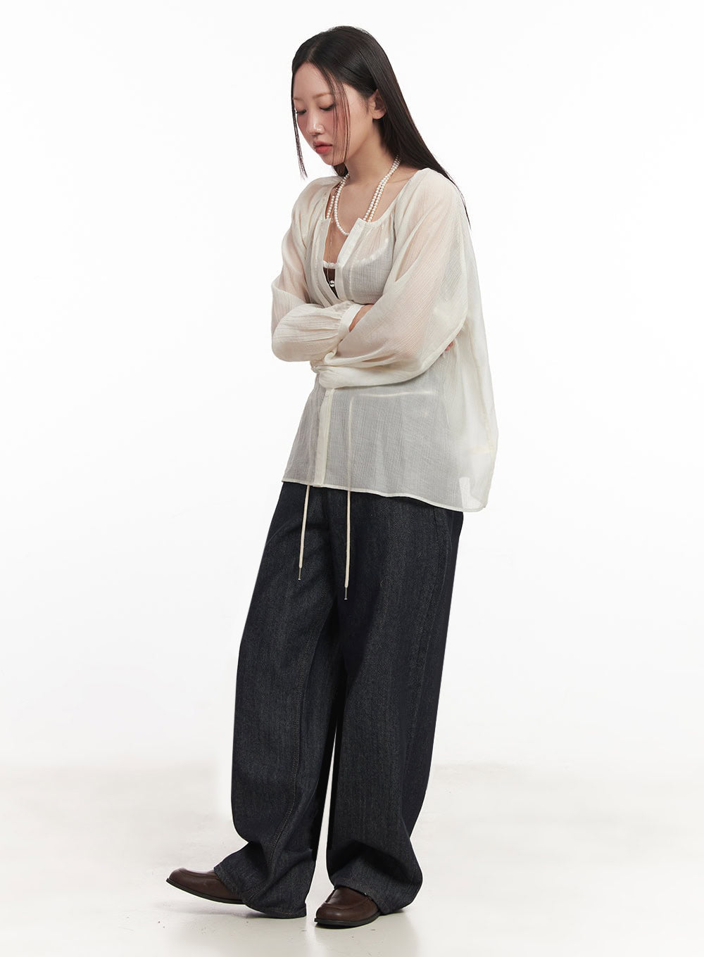 Shirred Sheer Buttoned Blouse IM528