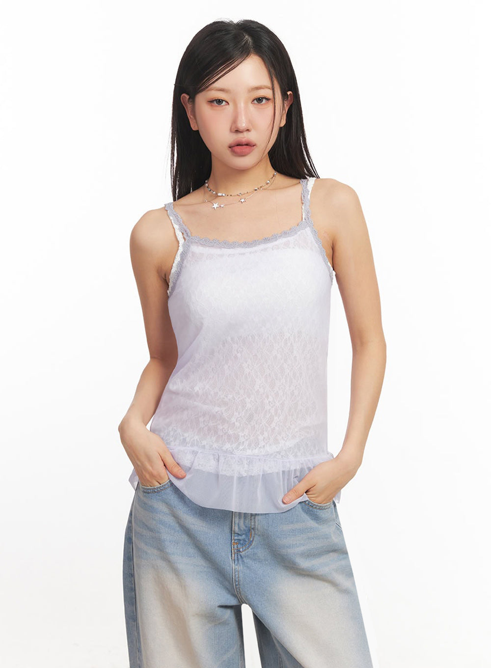 Sheer Frill-Trim Lace Cami Top IA524