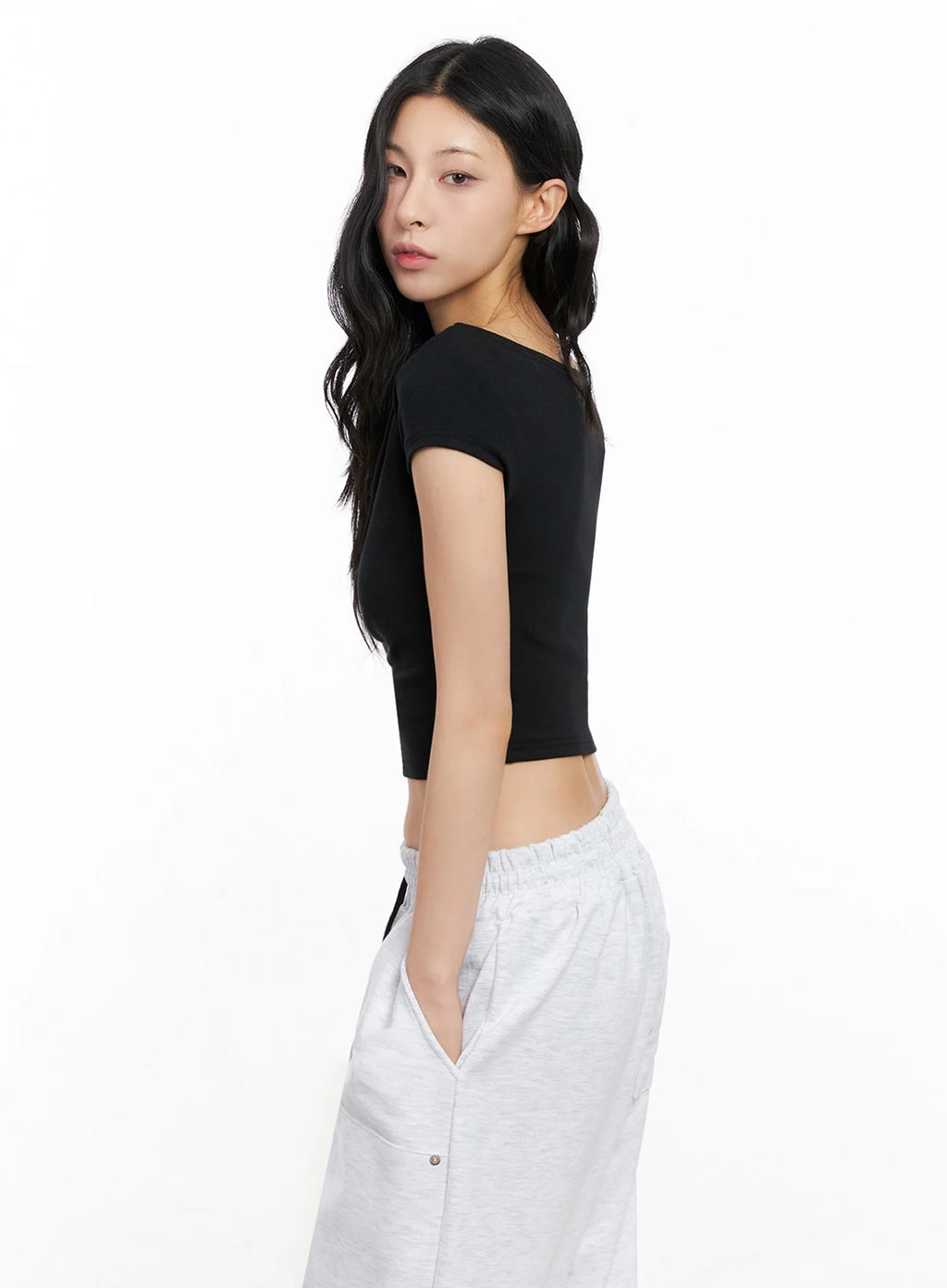 Asymmetric Shirred Off-Shoulder Crop Tee IG508