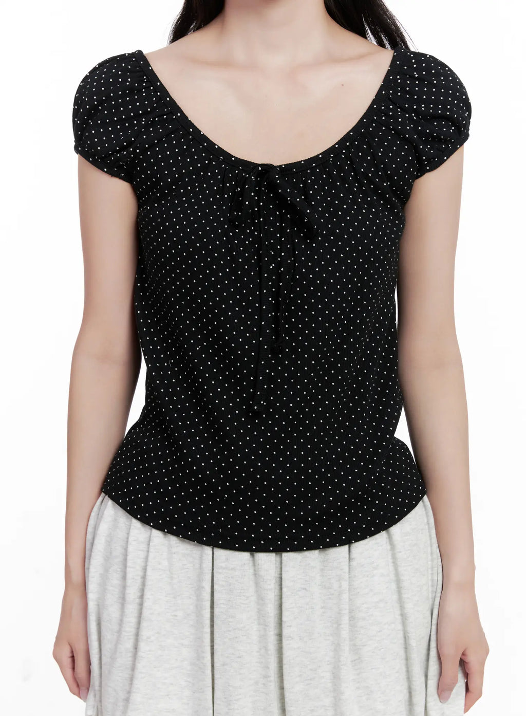 Polka Dot Puff-Sleeve Ribbon Top CL516