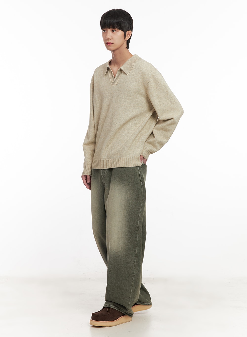 Men's Wide-Fit Washed Jeans (Dark Green) IM519