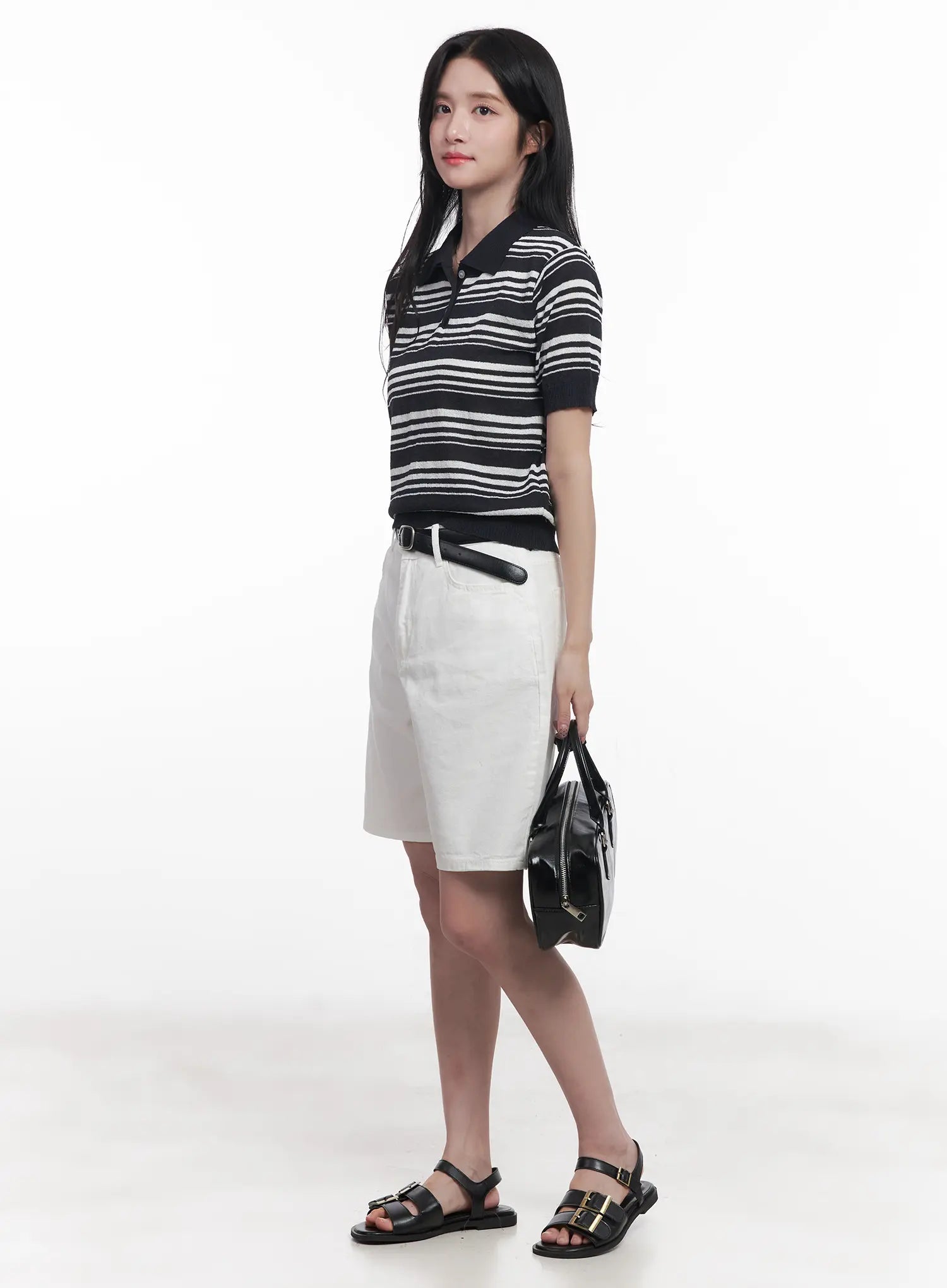 Striped Collared Short-Sleeve Sweater CU525