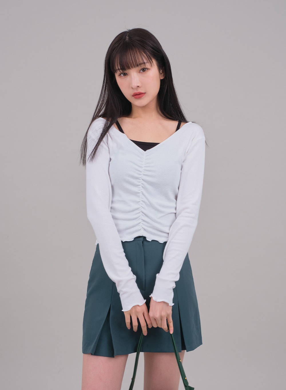 Cropped Long Sleeve Top with Front Shirring C2701