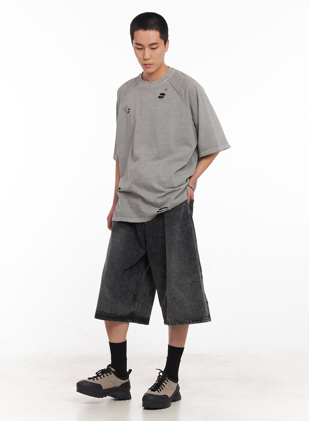 Distressed Washed Cotton T-Shirt IY506