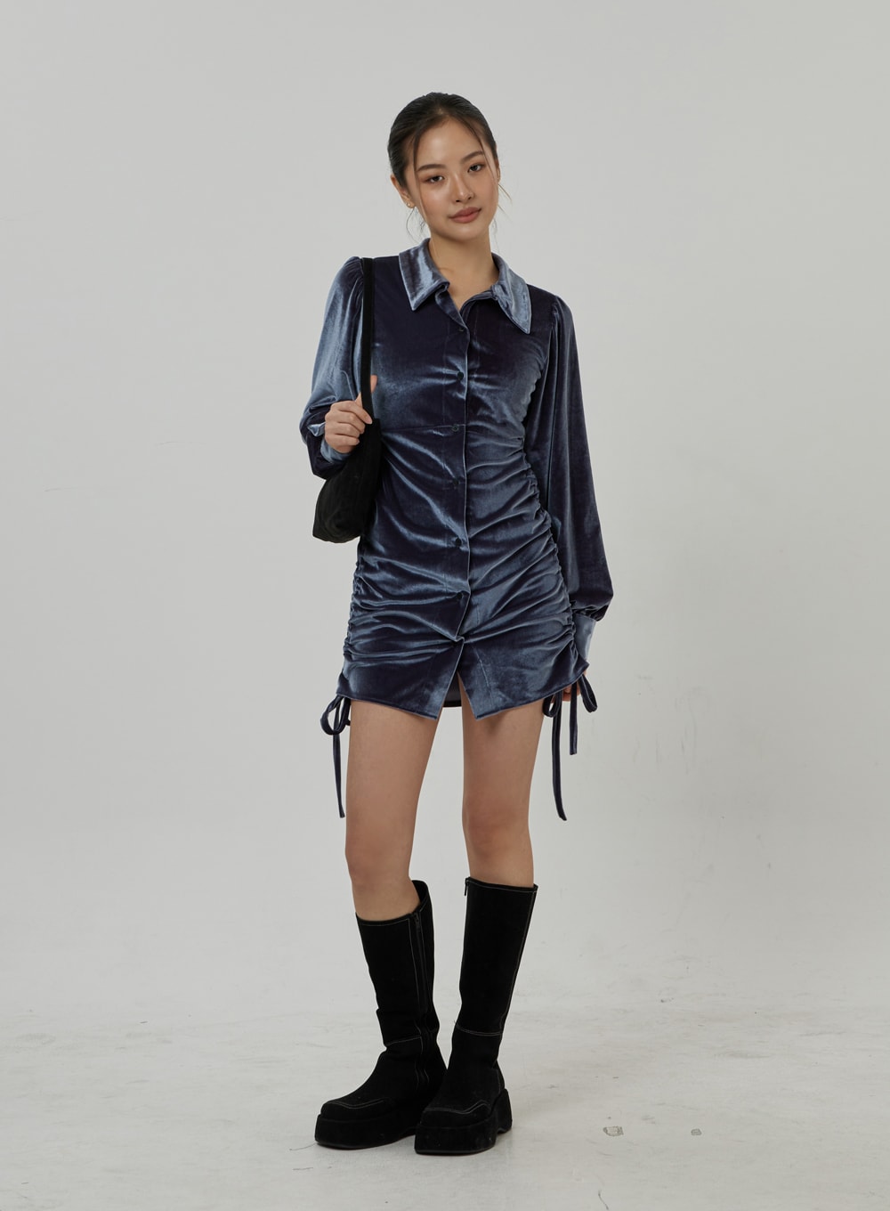 Side Tie Ruching Velvet Long Sleeve Mini Dress CD23