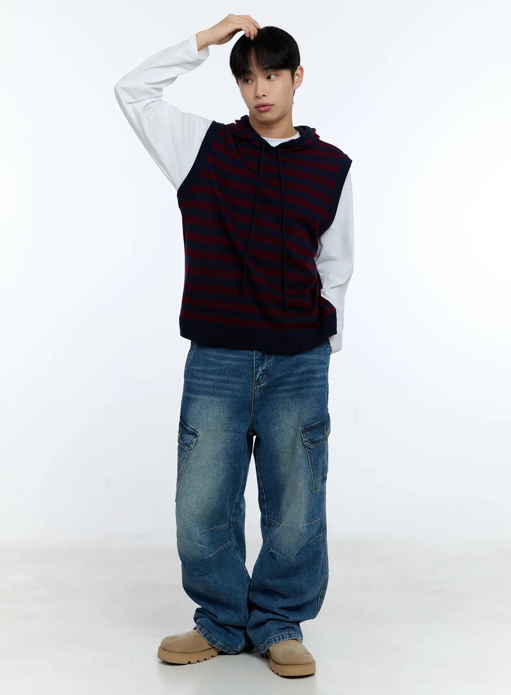 Men's Striped Knit Sleeveless Hoodie IG515