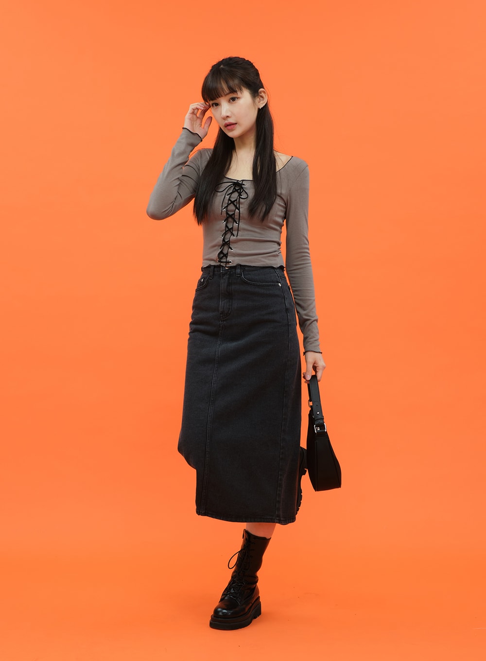 Cropped Long Sleeve Top with Front Lace Detail C1703