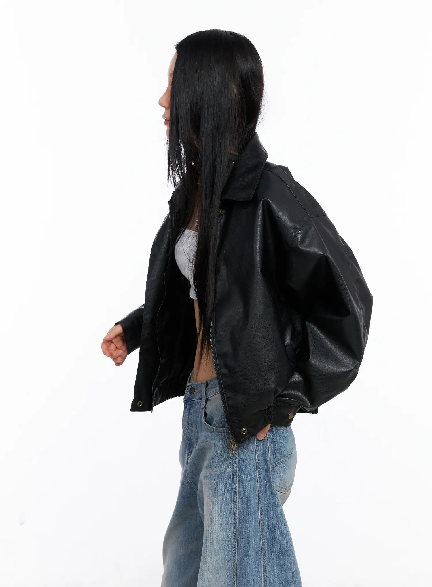 Relaxed Fit Faux Leather Bomber Jacket CS511