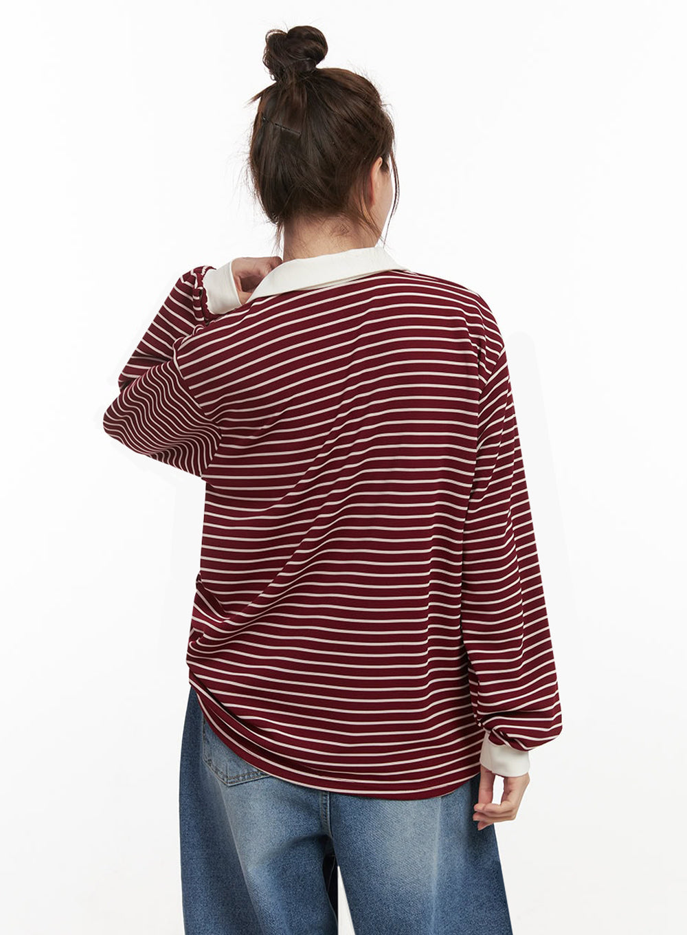 Oversized Stripe Collared Long Sleeve Top IJ527