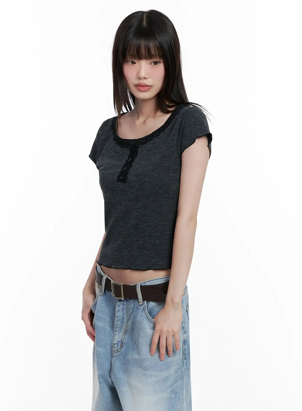 Lace Trimmed Button Short Sleeve IL531