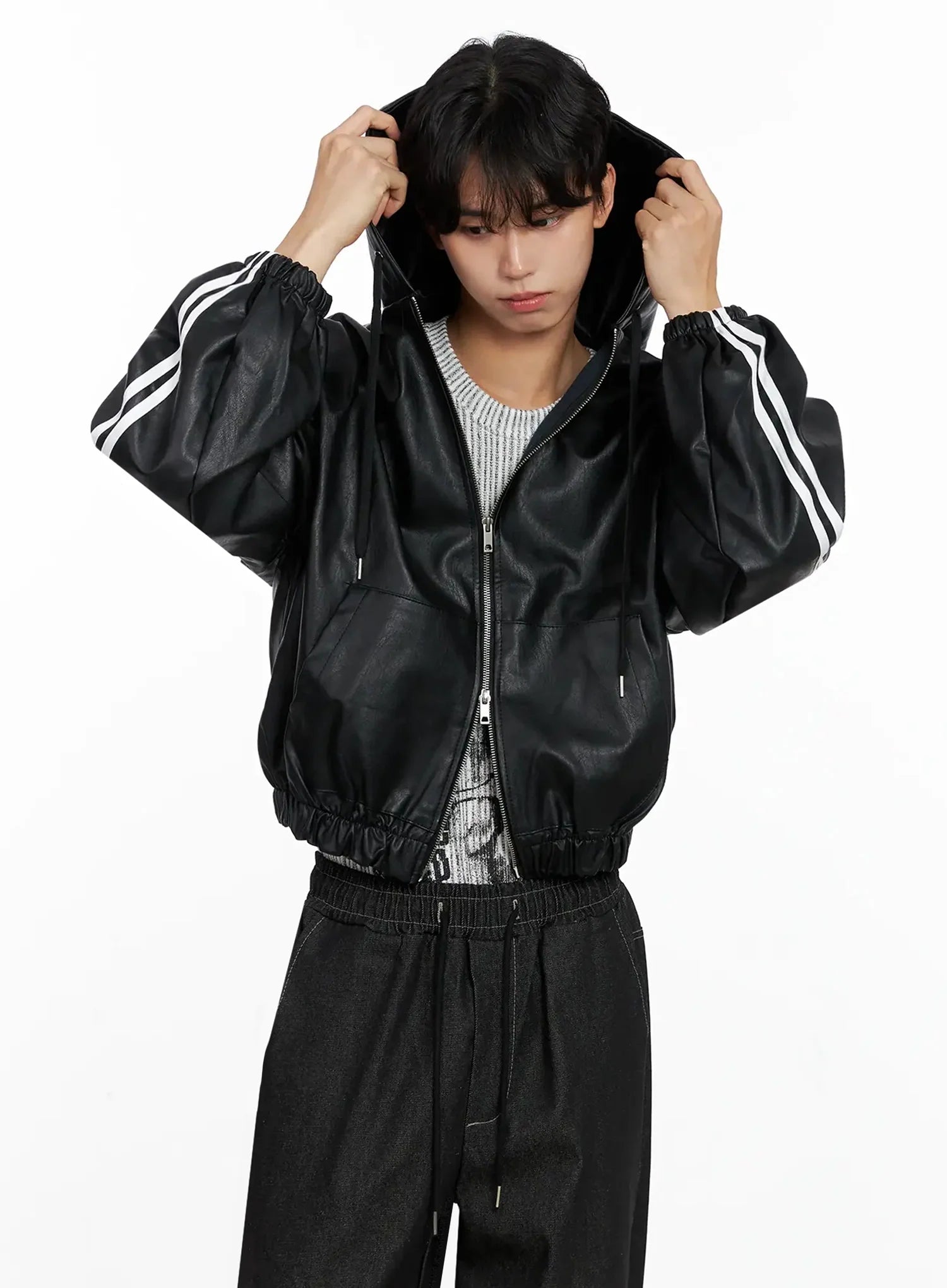 Men's Faux Leather Track Hooded Jacket IO517