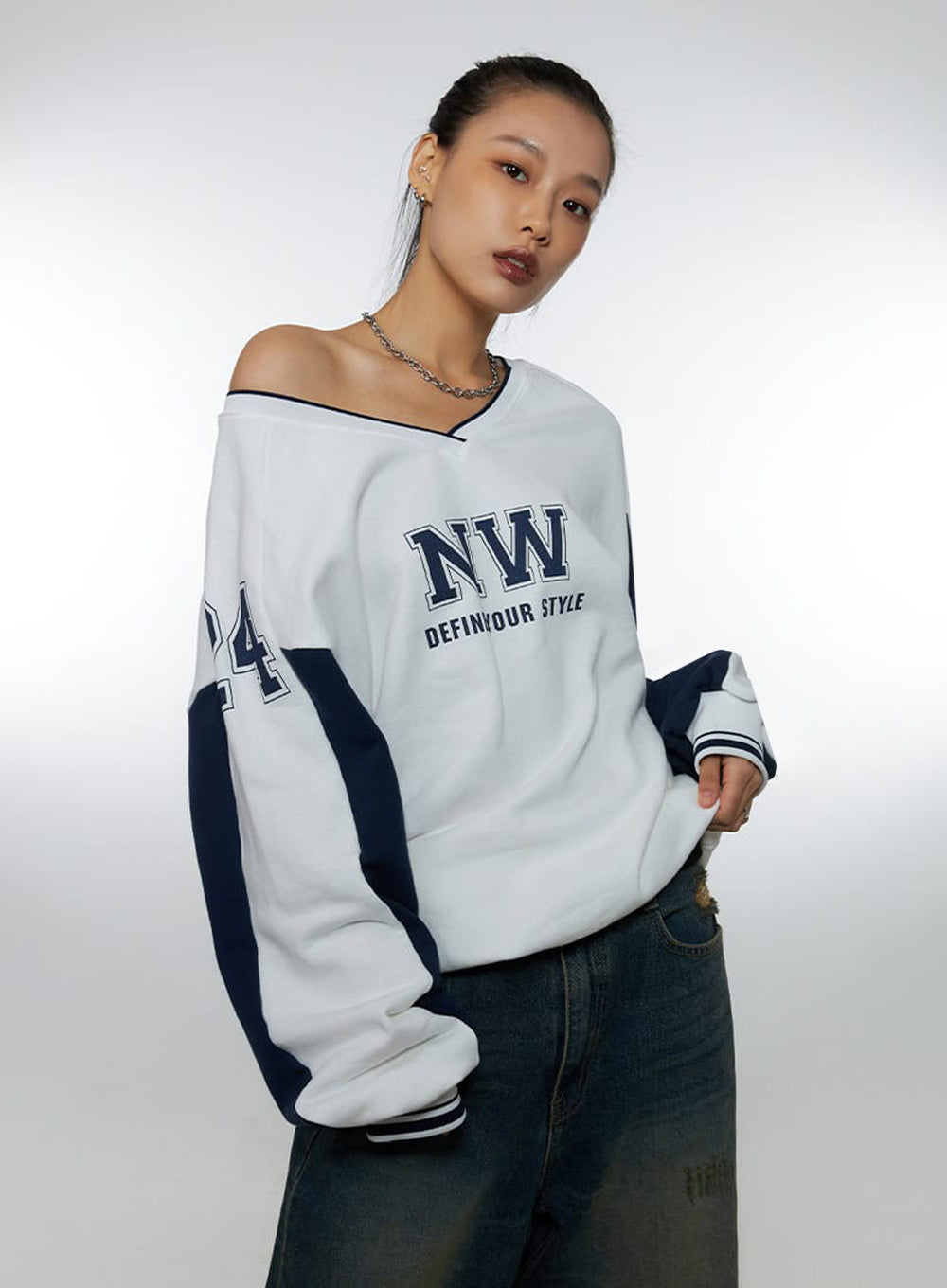 Dark Blue V-Neck Jersey Sweatshirt IO409