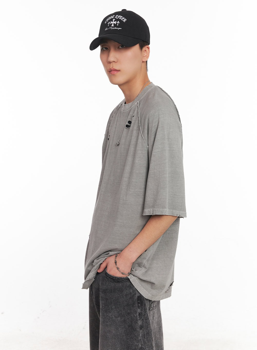 Distressed Washed Cotton T-Shirt IY506