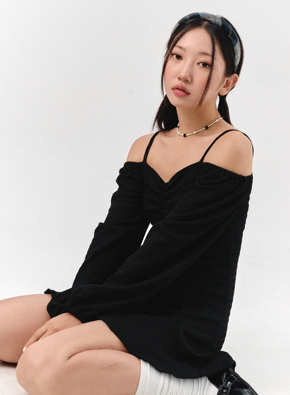 Off-Shoulder Shirred Mini Dress IS301