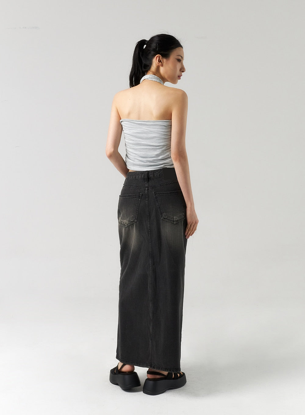 Dark Wash Denim Maxi Skirt CU321