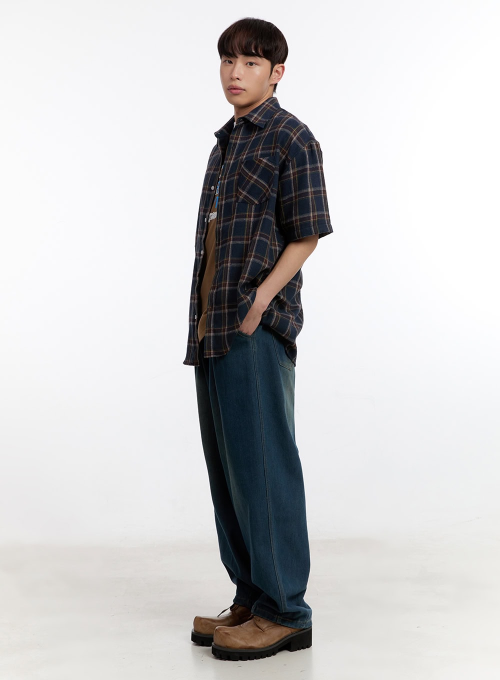 Men's Plaid Collared Oversized Shirt IA507